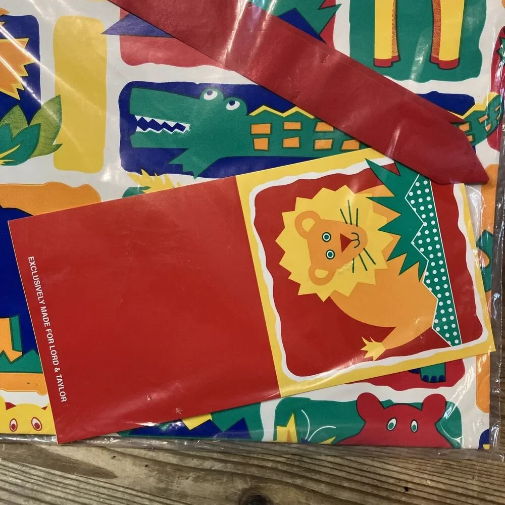 VTG 90s Kids Jungle Animals Gift Wrap Ensemble Lord & Taylor NEW Sealed Card Bow
